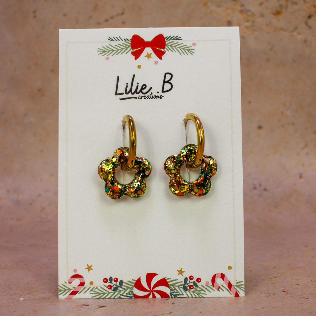 Pampilles fleurs mini paillettes vert & or