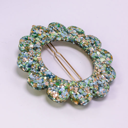 Barrette Fleur Vert, or, bleu