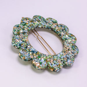 Barrette Fleur Vert, or, bleu