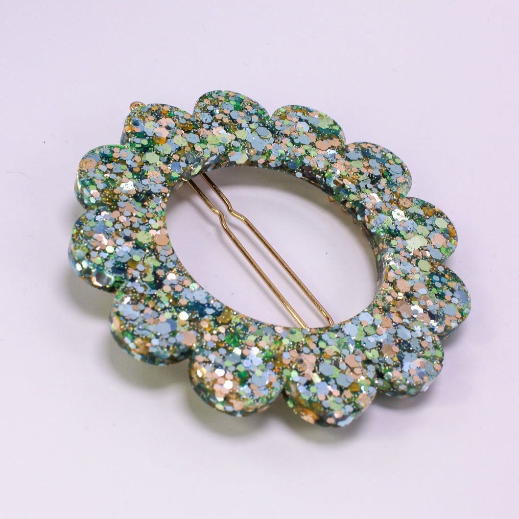 Barrette Fleur Vert, or, bleu
