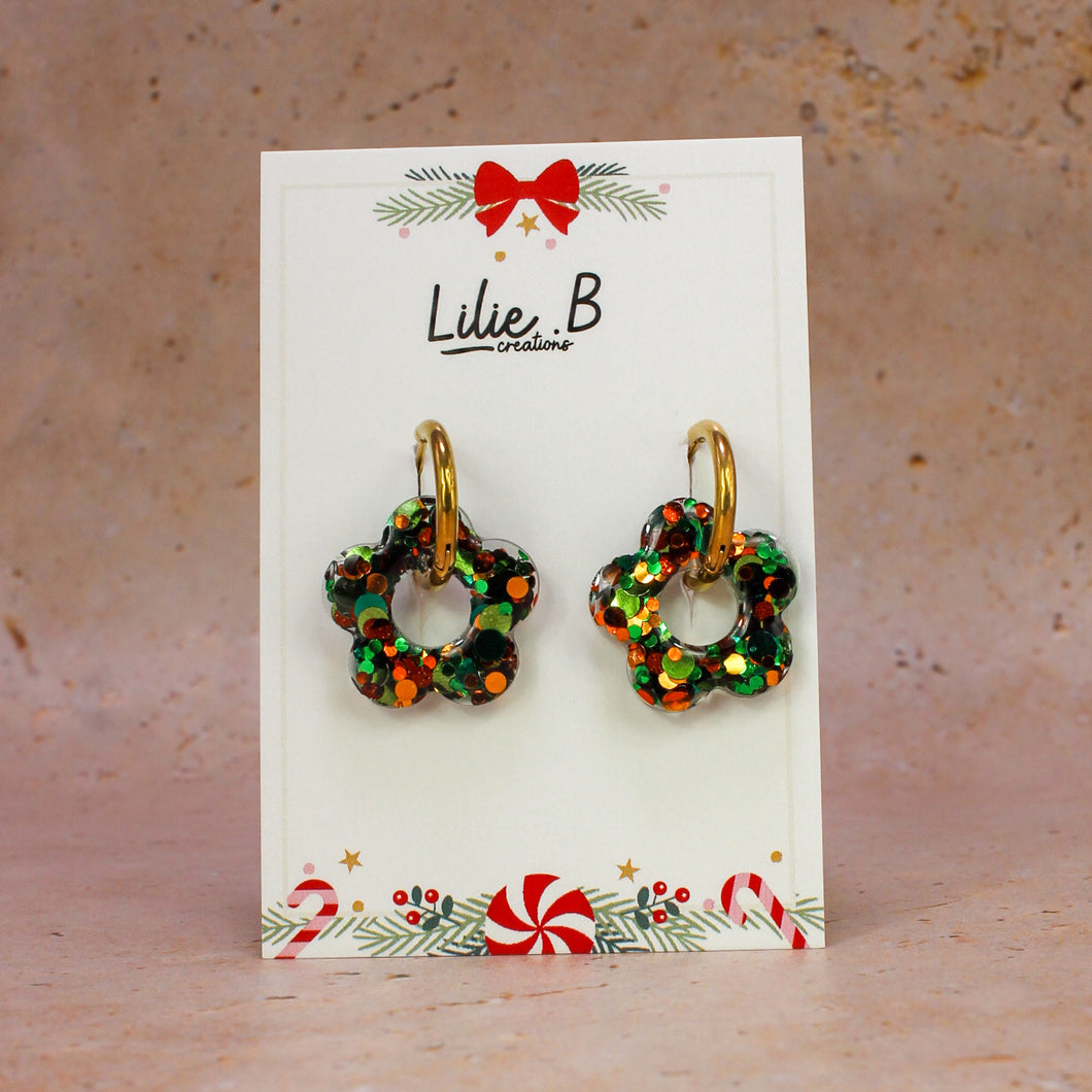 Pampilles fleurs Christmas vert or