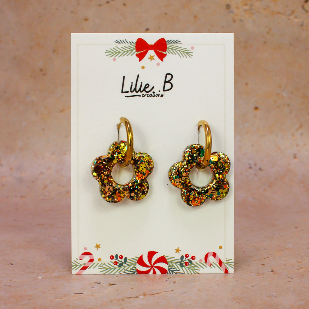 Pampilles fleurs Paillettes or & vert