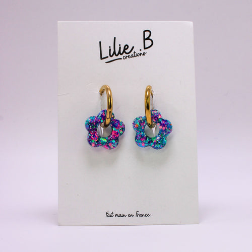 Pampilles mini Fleurs Paillettes bleu & rose