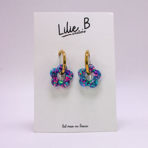 Pampilles mini Fleurs Paillettes bleu & rose